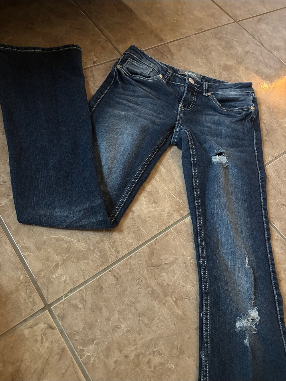 Women’s Dark Blue Bootcut Jeans with Distressed Details